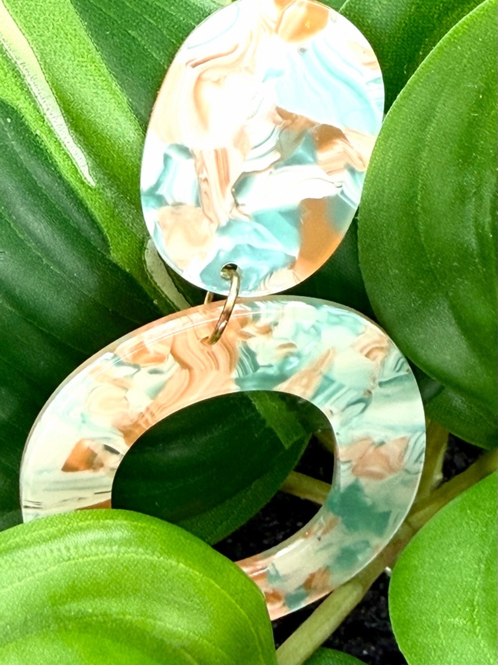 Marbled Acrylic Oval Drop Earrings in Coral & Aqua - Picture 3 of 3